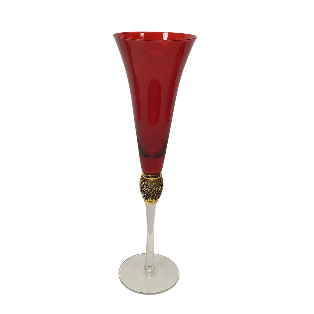 Godinger Champagne Flute Glass Red Gold Rhinestone Beaded Stem Toasting Glass